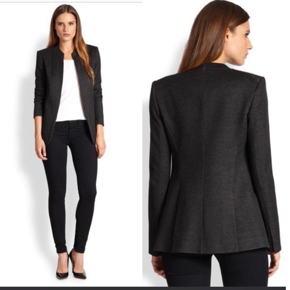 Theory‎ Charcoal Grey Wool Blend Open Front Stand Collar Blazer Jacket Size 6
